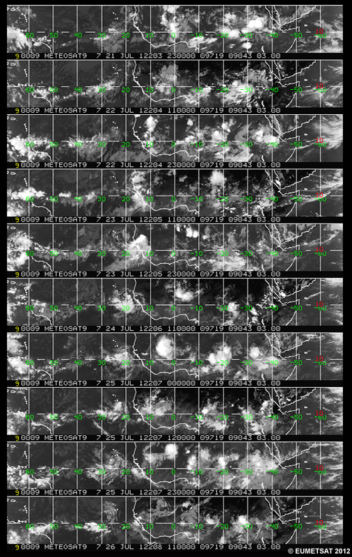 Meteosat IR images for 21-26 Jul 2012 showing movement of clouds associated with AEWs