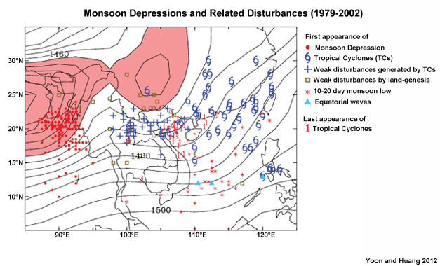 Location of first appearance of monsoon depressions in the Bay of Bengal and related weather disturbances during 1979-2002.