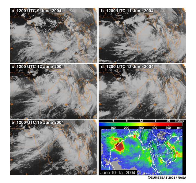 a-d) Meteosat IR images of a monsoon depression that moved from the Bay of Bengal westward across India, 9-15 Jun 2004.