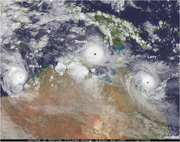 A satellite montage of severe tropical cyclones Glenda, Monica and Larry.