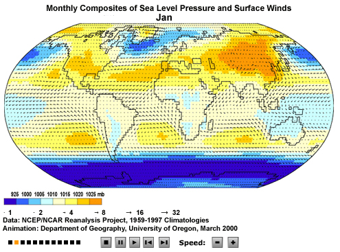 Animation of Monthly composites of sea-level pressure and surface winds for July. The red dashed line represents convergence zones.
