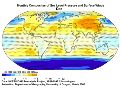 Monthly composites of sea level pressure and surface winds