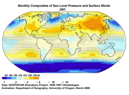 Monthly composites of sea level pressure and surface winds