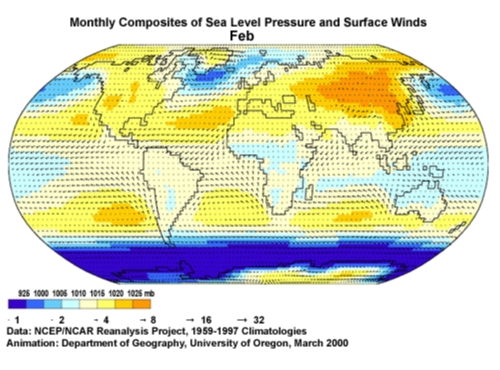 Monthly composites of sea level pressure and surface winds
