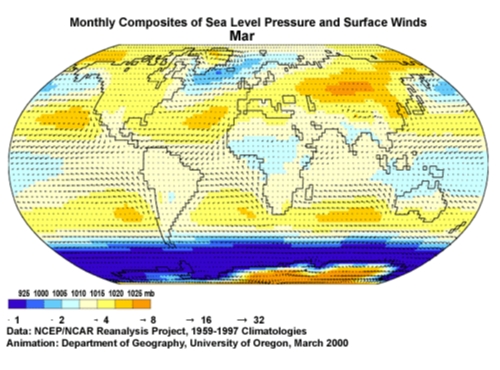 Monthly composites of sea level pressure and surface winds