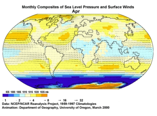 Monthly composites of sea level pressure and surface winds