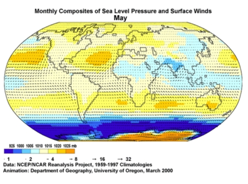 Monthly composites of sea level pressure and surface winds