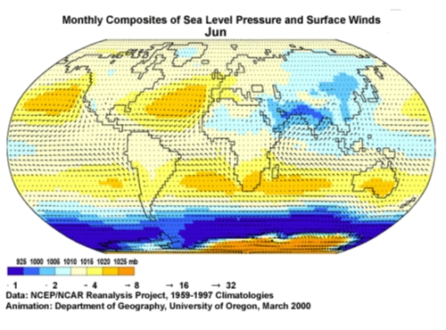 Monthly composites of sea level pressure and surface winds