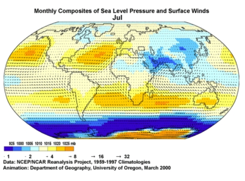 Monthly composites of sea level pressure and surface winds