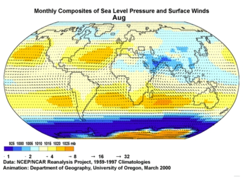Monthly composites of sea level pressure and surface winds
