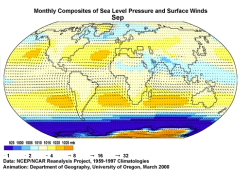 Monthly composites of sea level pressure and surface winds