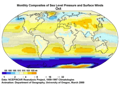 Monthly composites of sea level pressure and surface winds