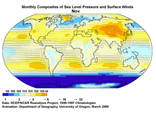 Monthly composites of sea level pressure and surface winds