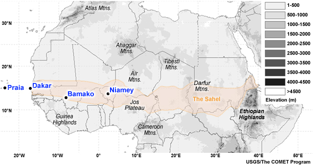 Digital elevation (m) map of northern Africa showing mountain ranges, country boundaries, and stations