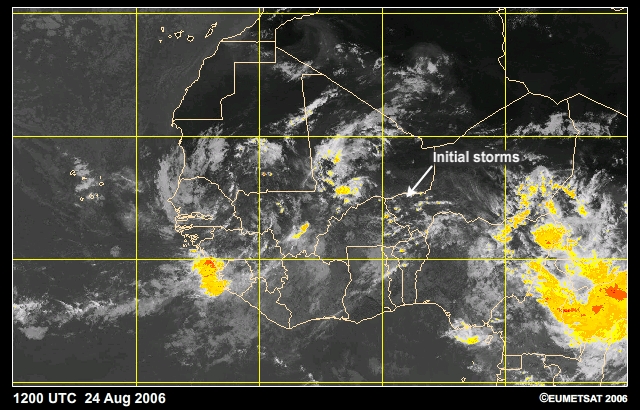 Non-squall tropical cluster as seen on enhanced Meteosat IR imagery on 24 Aug 2006