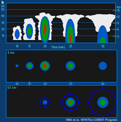 The radar structure of pulse convection as it evolves with time: An Range Height Indicator (RHI) presentation of radar echoes together with a schematic of the cloud; two constant altitude Plan Position Indicator (CAPPI) displays at 6km (middle) and 0.5km (bottom), with the position of the spreading cold pool indicated