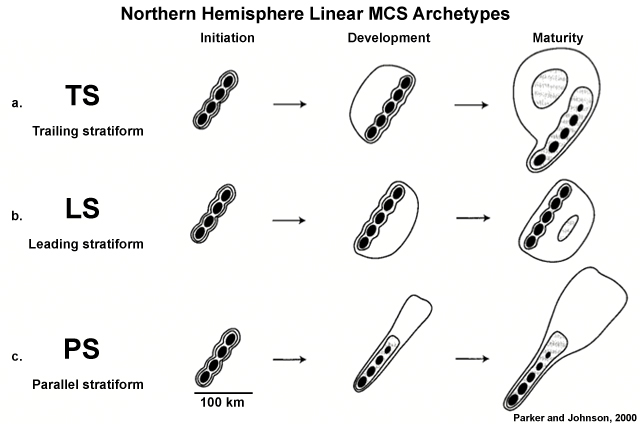 Linear MCS archetypes and their evolution from initiation to maturity, based on radar imagery
