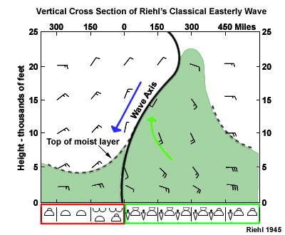 Schematic cross-section through an easterly wave showing the wind velocity, moist layer, and associated weather. Arrows mark the flow on either side of the wave trough axis.