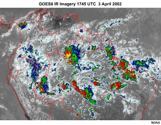 GOES8 IR Imagery of westward moving squall lines in northern South America.