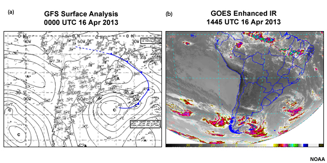 (a) GFS surface analysis at 0000 UTC 16 Apr 2013 (b) Enhance GOES IR image at 1445 UTC 16 Apr 2013