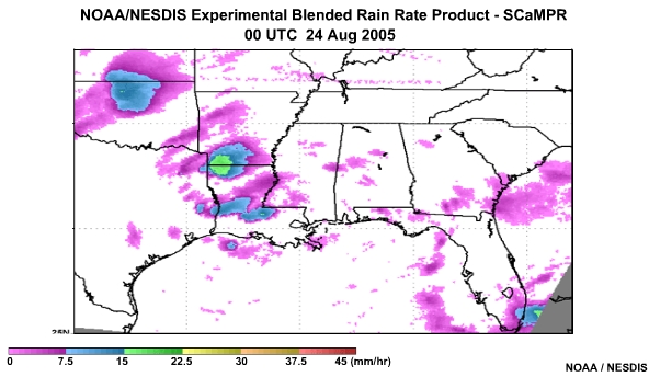 NOAA/NESDIS SCaMPR Rain Rate Product 24 Aug, 2005 0000 UTC