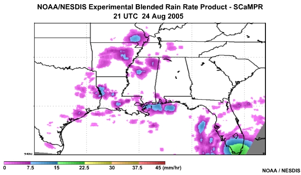 NOAA/NESDIS SCaMPR Rain Rate Product 24 Aug, 2005 2100 UTC