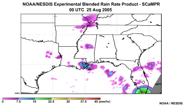 NOAA/NESDIS SCaMPR Rain Rate Product 25 Aug, 2005 0000 UTC