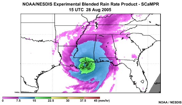 NOAA/NESDIS SCaMPR Rain Rate Product 28 Aug, 2005 1500 UTC