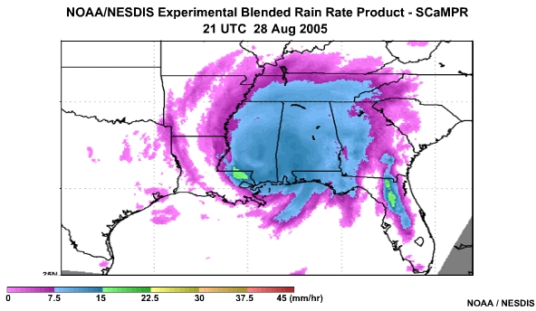 NOAA/NESDIS SCaMPR Rain Rate Product 28 Aug, 2005 2100 UTC