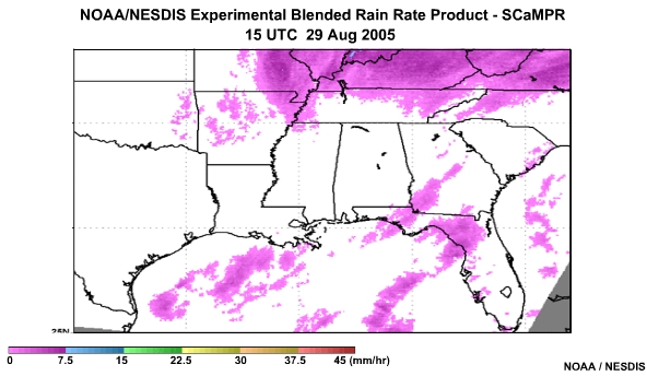 NOAA/NESDIS SCaMPR Rain Rate Product 29 Aug, 2005 1500 UTC