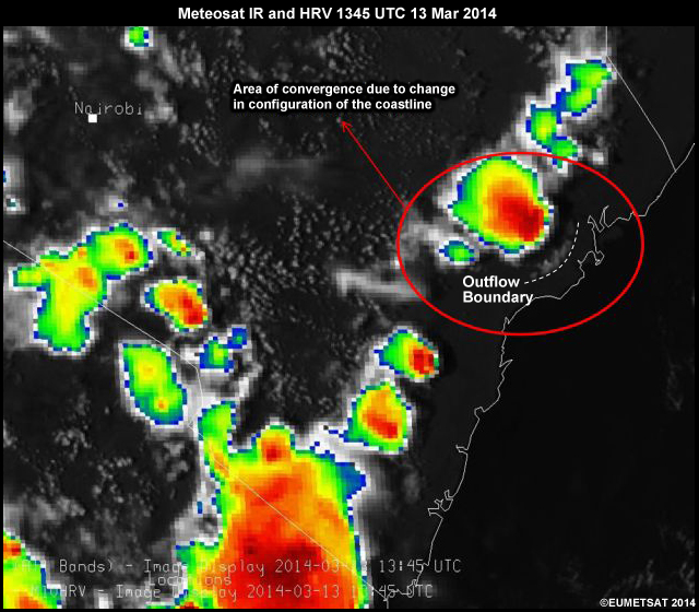 Thunderstorms along the seabreeze front in Kenya. Notice the larger thunderstorm system where the sea breeze converges because of the shape of the coastline
