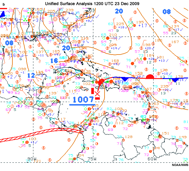 (a) GFS 250-hPa analysis showing Rossby wave trough and ridge and surface analysis at 0000 UTC 22 Dec 2009. Green shaded arrow indicates rising motion associated with divergence in the upper-level wave. (b) Surface analysis at 1200 UTC 23 Dec 2009 showing surface cyclone and front over the Caribbbean