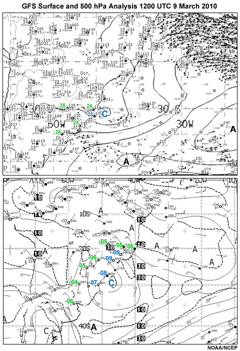 GFS surface and 500 hPa analyses at 1200 UTC 9 March 2010
