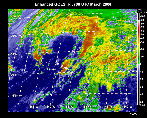 Enhanced GOES IR image of supercell thunderstorms over central Hawaiian Islands, 24 March 2006