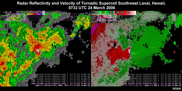 Radar base reflectivity (left) and velocity (right) at 0732 UTC, 24 Mar 2006 near Lanai, Hawaii. Pink triangles mark the tornado vortex signatures