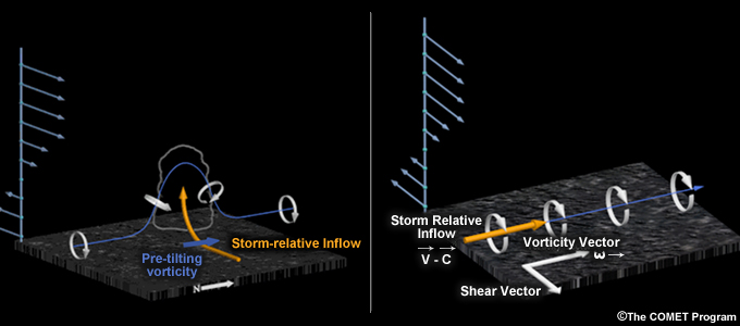 Schematic of generation of supercell rotating updraft in unidirectional shear
