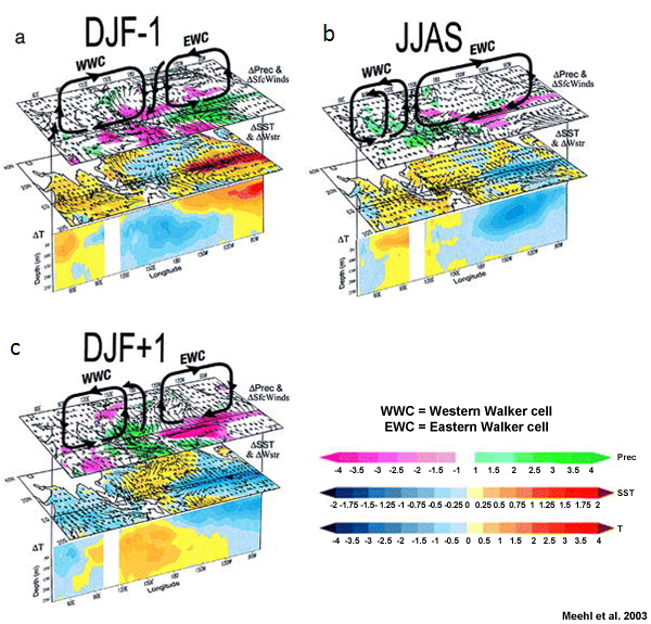 Time sequence of TBO evolution showing positive minus negative TBO composites for equatorial upper-ocean temperature differences (blue-red, °C), SST (blue-red, °C), surface wind stress (scaling arrow = 0.03 N m−2), precipitation (pink-green, mm day−1), surface winds (scaling arrow = 1.0 m s−1), and schematic representation of large-scale Walker circulation anomalies for (a) DJF − 1 showing the weak Australian monsoon prior to a strong Indian monsoon, (c) strong Indian monsoon season during JJAS, (e) strong Australian monsoon following a strong Indian monsoon. Contour interval for precipitation is 0.5 mm day−1 (values between −1 and +1 mm day−1 are not plotted), for SST is 0.25°C, and for upper-ocean temperature is 0.5°C. Notice the opposite anomaly phases during the DJF-1 and DJF+1. (Meehl et al. 2003).