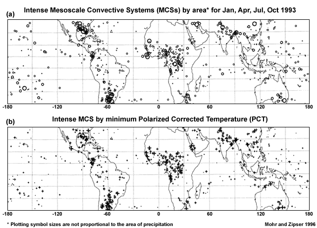 (a) Intense MCSs by area, all months. Plotting symbol sizes are not proportional to the area of precipitation. (b) Intense MCS by minimum PCT, all months