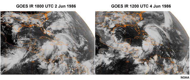 GOES IR images of quasi-stationary front, easterly wave, and other tropical disturbances