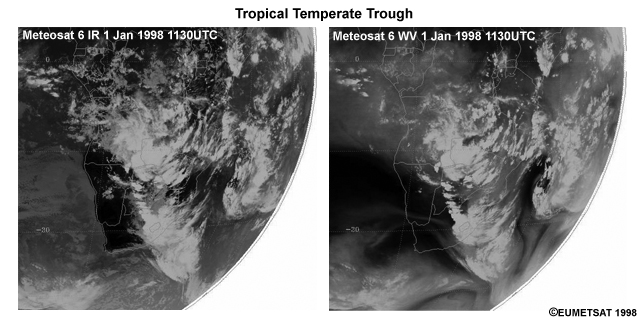 Meteosat thermal IR and water vapor IR images of a tropical temperate trough over southern Africa at 1130 UTC 1 Jan 1998