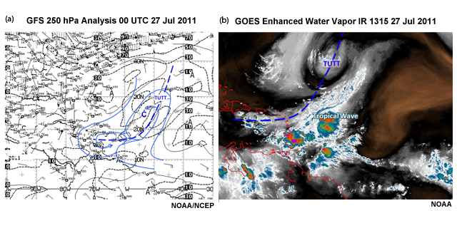 (a) 200 hPa analysis at 0000 UTC 27 Jul 2011, TUTT is marked by dashed line and TUTT cell by C. (b) Enhanced water vapor IR at 1315 UTC showing TUTT cloud pattern and an easterly wave southeast of the trough.