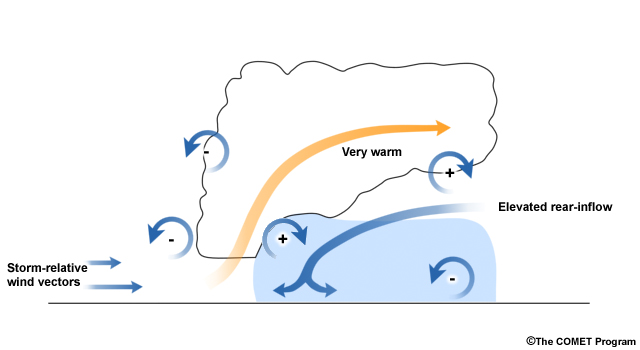 Conceptual depiction of the balance between the cold-pool horizontal vorticity and the environmental shear for a mature, long-lived, tropical MCS
