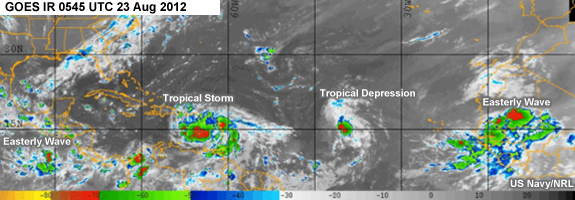 Enhanced IR image at 0545 UTC 23 Aug 2012 showing an easterly wave over Africa, a tropical depression over the Atlantic, Tropical Storm Isaac over the Caribbean, and an easterly wave over the East Pacific