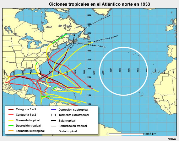 El mapa de trayectorias observadas en 1933 no se registra ninguna trayectoria en el tercio oriental de la cuenca del Atlántico.