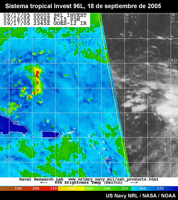 Imagen satelital de datos infrarrojos y del SSM/I para el sistema tropical Invest 96L.