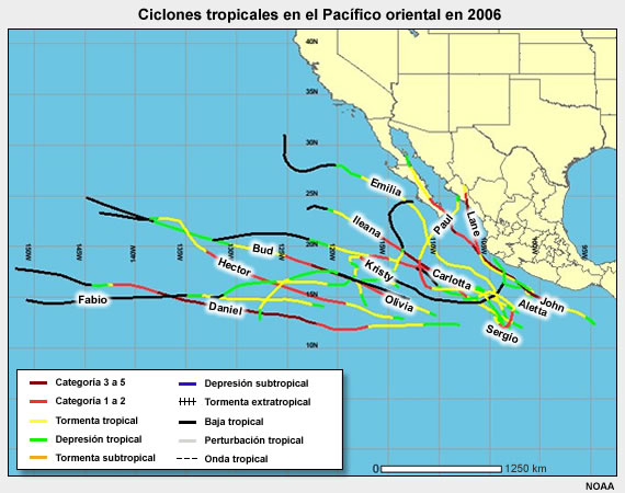 En 2006, parecía que se formaban ciclones tropicales constantemente en el Pacífico nororiental. Este mapa presenta la temporada entera, desde Aletta hasta Sergio. 