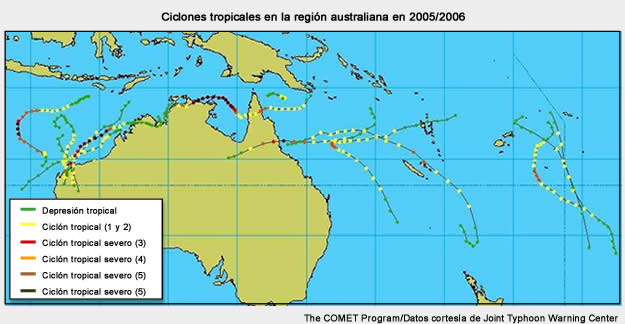 Trayectorias de todos los ciclones tropicales de la región australiana durante la temporada activa de huracanes de 2005/2006
