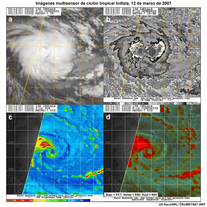 Ciclón tropical Indlala (2007) observado por un instrumento IR geoestacionario en escala de gris y con realce IR-BD (izquierda y derecha superior) y por un sensor de microondas de 85 GHz en órbita polar (abajo).