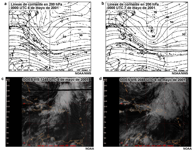 Análisis de líneas de corriente en 200 hPa que muestra una vaguada tropical de la alta troposfera.