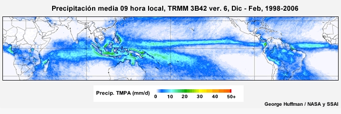 El ciclo diurno de precipitación tropical de diciembre a febrero